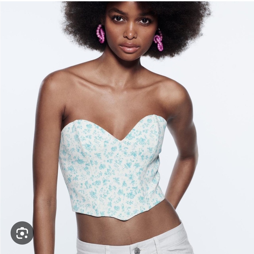 Zara Blue and white floral Bustier Crop Top s